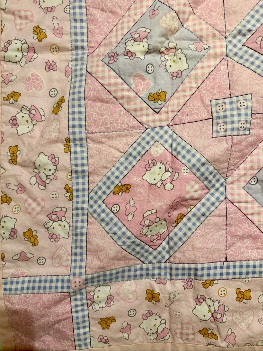 Vintage 2003 Hello Kitty Sanrio Handmade Baby Quilt Pink Y2K Blanket